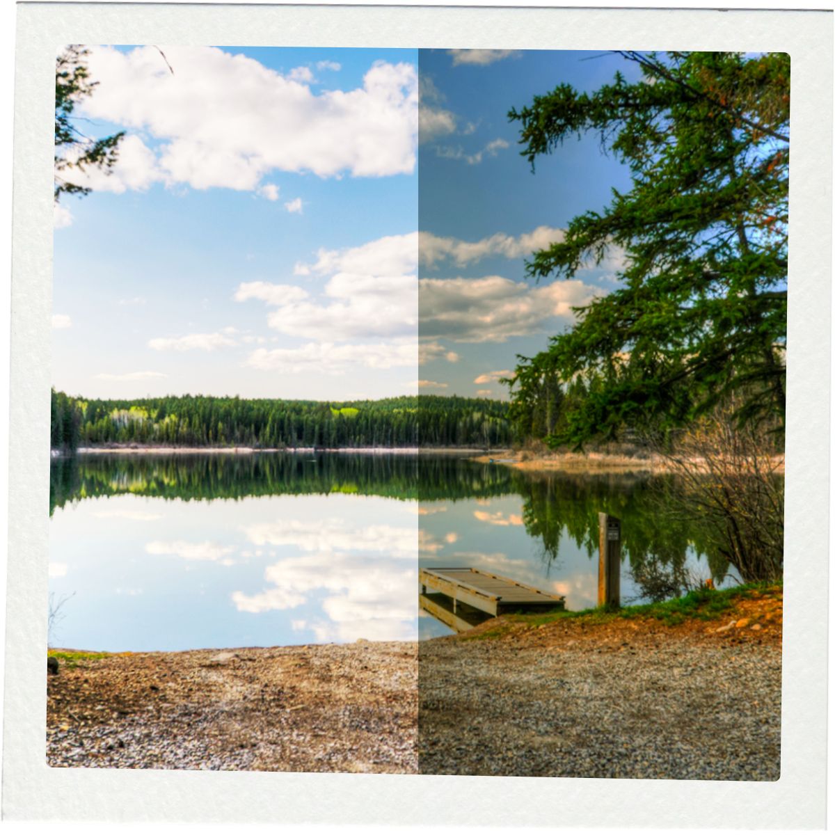 Lake reflection with a small dock and clear blue sky.